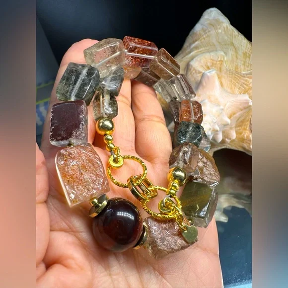 GOLDEN PHANTOM QUARTZ + TIGERS EYE STONES NATURAL NECKLACE - Picture 9 of 16